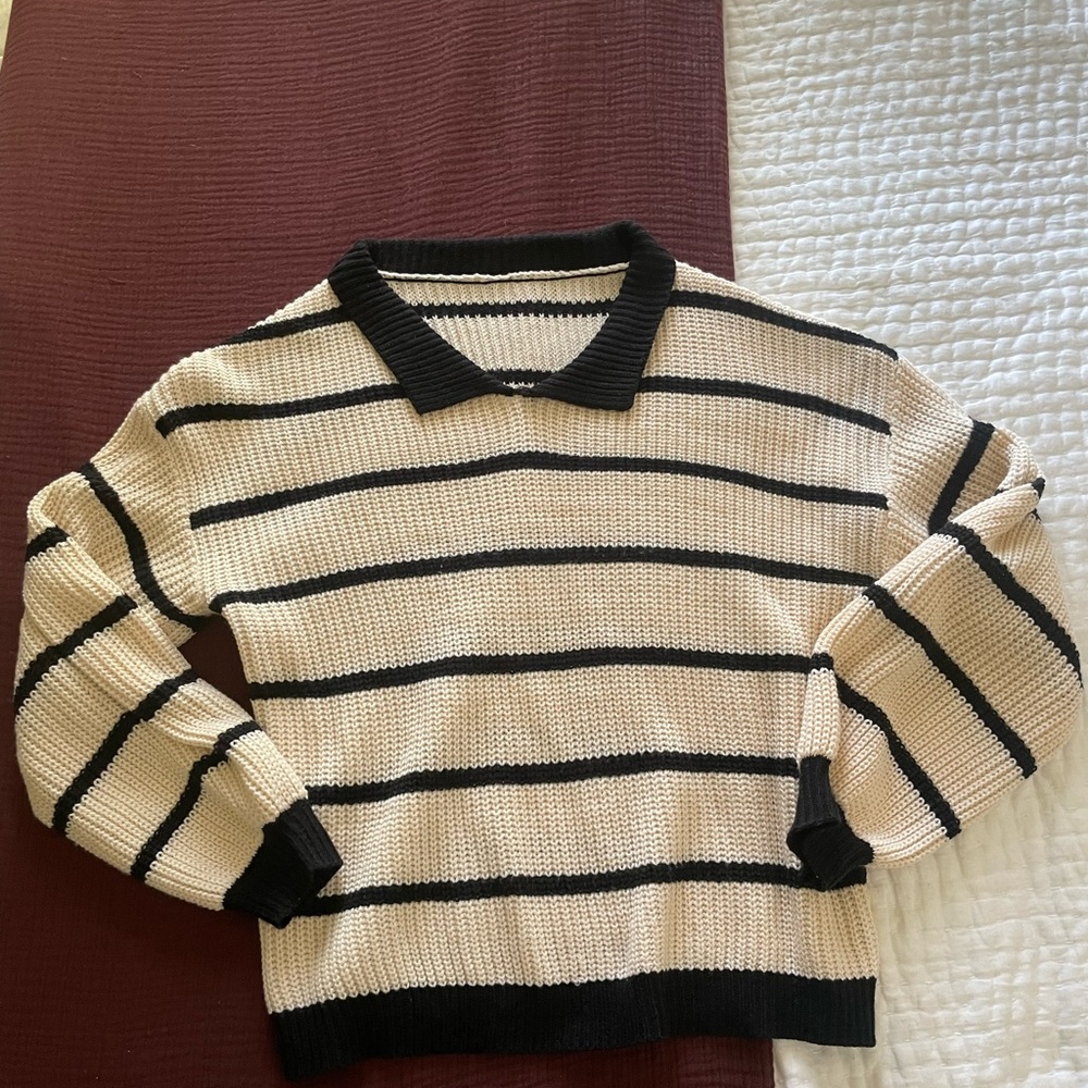 Striped Collared Knit Sweater - Cream & Black - Picture 4 of 6